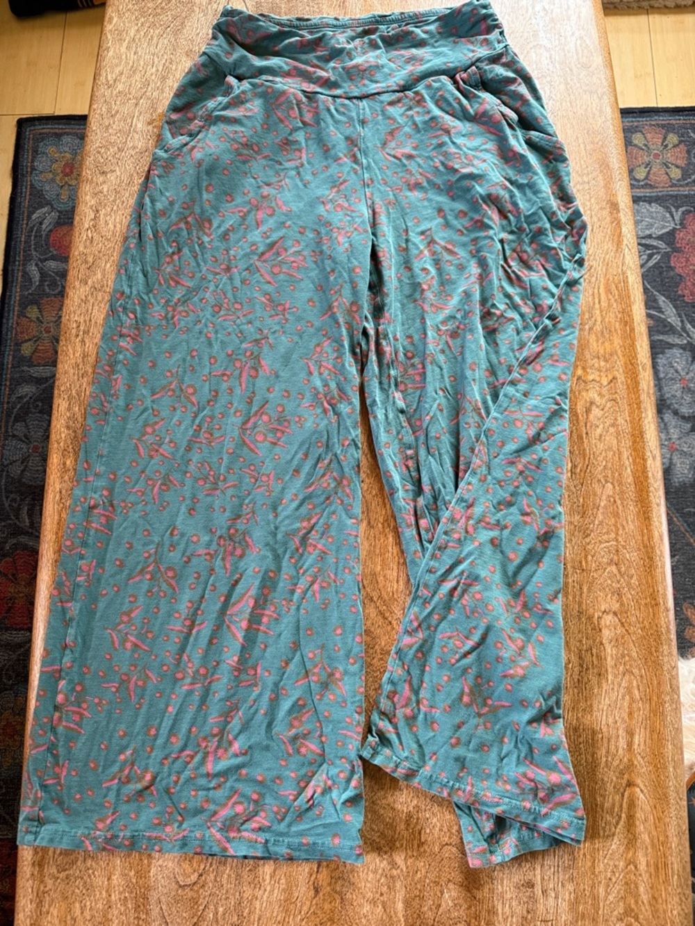 Toad&Co Teal Green Wide-Leg Chaka Pants with Pink Floral Print